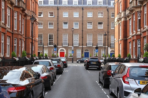 Street in London with Cars parked in parking bays