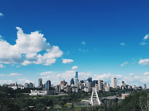 View of Edmonton, Alberta skyline against a blue sky