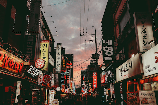 Bright lights of a city in Asia at dusk