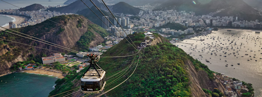 Cable car over Copacabana and downtown Rio de Janeiro from sugarloaf mountain at golden hour