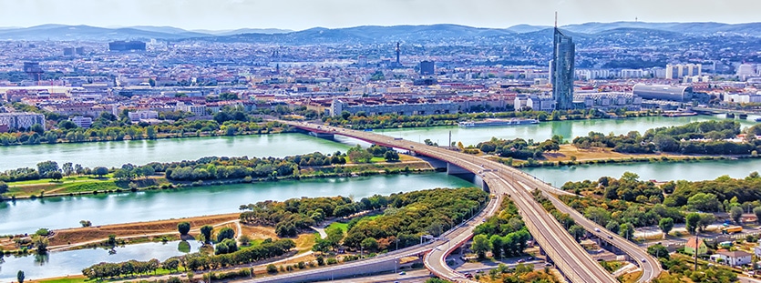 Vienna skyline, panoramic view on the danube and the roads