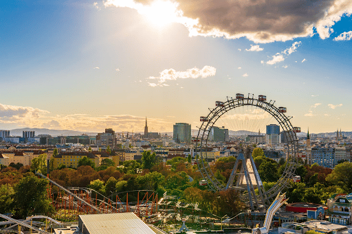 View over Vienna with a ferris wheel