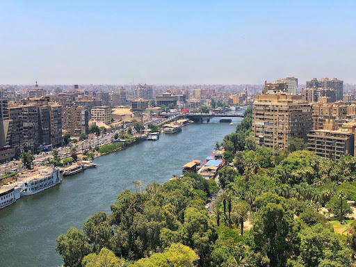 Aerial view of River Nile between Zamalek and Agouza, Egypt