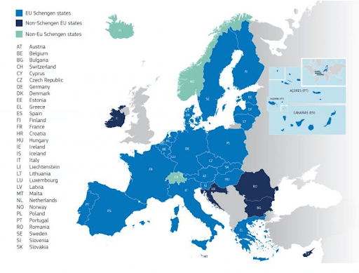 Map of Schengen Area countries and EU countries with key